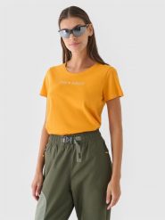 4F T-shirt regular gładki damski - pomarańczowy XS. Brązowe t-shirty damskie 4f, xs, bez wzorów, z bawełny, bez kołnierzyka. W wyprzedaży za 19.99 zł.