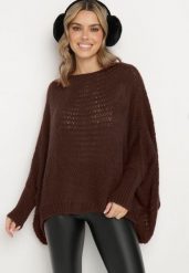 Brązowy Luźny Sweter w Stylu Ponczo Kossela. Brązowe swetry klasyczne damskie Born2be, z jeansu, bez kołnierzyka. Za 84.99 zł.