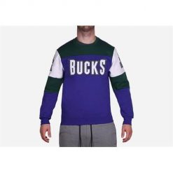 Bluza sportowa męska Mitchell & Ness Milwaukee Bucks. Niebieskie bluzy bez kaptura męskie Mitchell & Ness, bez wzorów, sportowe, bez kołnierzyka, bez ramiączek. Za 525.00 zł.