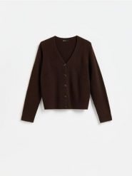 Wełniany sweter z domieszką kaszmiru - ciemnobrązowy. Brązowe swetry klasyczne damskie Reserved, l, z dzianiny, bez kołnierzyka. Za 219.99 zł.