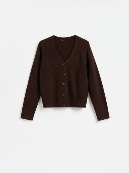 Wełniany sweter z domieszką kaszmiru - ciemnobrązowy. Brązowe swetry klasyczne damskie Reserved, l, z dzianiny, bez kołnierzyka. Za 219.99 zł.