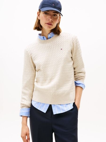 Tommy Hilfiger Sweter z dzianiny Kobiety Bawełna beżowy, XL. Brązowe swetry klasyczne damskie Tommy Hilfiger, xl, z bawełny, bez kołnierzyka. Za 379.95 zł.