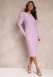 Fioletowa Liliowa Sukienka Taliowana z Bufiastym Rękawem Adarei. Fioletowe sukienki damskie Renee, s, bez wzorów, eleganckie, bez kołnierzyka, bez ramiączek, midi, kopertowe. W wyprzedaży za 90.99 zł.