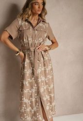 Ciemnobeżowa Koszulowa Sukienka z Wiązanym Paskiem Zdobiona Haftem Malinnessa. Brązowe sukienki damskie Renee, na co dzień, l, z aplikacjami, eleganckie, bez kołnierzyka, bez ramiączek, maxi, koszulowe. Za 139.99 zł.