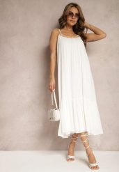 Biała Sukienka z Wiskozy na Ramiączkach Zdobiona Cekinami i Metaliczną Nitką Beloe. Białe sukienki damskie Renee, l, z aplikacjami, z wiskozy, bez kołnierzyka, bez ramiączek, midi. Za 119.99 zł.