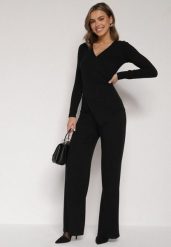 Czarny Bawełniany Komplet Kopertowa Bluzka z Długim Rękawem i Spodnie Ferenna. Czarne spodnie materiałowe damskie Born2be, bez wzorów, z bawełny. Za 169.99 zł.