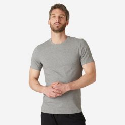 Koszulka z krótkim rękawem męska Domyos Gym & Pilates 500 slim. Szare szorty męskie DOMYOS, l, z bawełny, na fitness i siłownię. Za 22.99 zł.