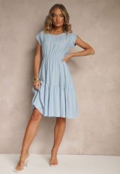 Jasnoniebieska Rozkloszowana Sukienka z Wiskozy Linurea. Niebieskie sukienki damskie Renee, na co dzień, bez wzorów, z wiskozy, eleganckie, bez kołnierzyka, bez ramiączek, midi, rozkloszowane. W wyprzedaży za 62.99 zł.