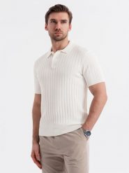 Męska koszulka polo z wiskozą SLIM FIT w pionowy prążek – złamana biel V3 - Rozmiar: XXL. Koszulki polo męskie Ombre Clothing, m, bez wzorów, z dzianiny, bez ramiączek. W wyprzedaży za 99.99 zł.