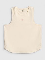 4F Top treningowy regular szybkoschnący damski - biały L. Białe topy damskie 4f, l, bez wzorów, z materiału, bez kołnierzyka. Za 99.99 zł.