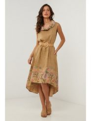 Le Monde du Lin Lniana sukienka w kolorze jasnobrązowym rozmiar: 40/42. Brązowe sukienki damskie Le Monde du Lin, bez wzorów, ze lnu, klasyczne, bez kołnierzyka, bez ramiączek, midi. Za 165.99 zł.