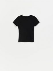 T-shirt z wiskozą - czarny. Czarne t-shirty damskie Reserved, l, bez wzorów, z bawełny, bez kołnierzyka. Za 49.99 zł.