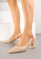 Ciemnobeżowe Sandały Vices na Słupku Slingback z Ażurową Cholewką i Skórzaną Wkładką Tiranis. Brązowe sandały damskie Renee, w ażurowe wzory, bez obcasa, na obcasie. Za 54.99 zł.
