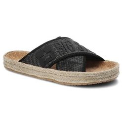 Klapki damskie Big Star, materiał tekstylny z szerokim paskiem z logo na cholewce miękką wkładką, czarne, JJ274717. Czarne klapki damskie Big Star, bez wzorów, z materiału, bez obcasa. Za 109.00 zł.