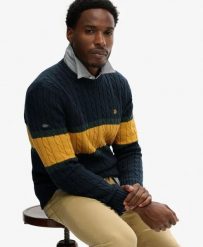 Superdry Sweter warkoczowy z organicznej bawełny — Eclipse Navy/Track Gold. Żółte swetry klasyczne damskie Superdry., xl, z bawełny, bez kołnierzyka. Za 336.85 zł.