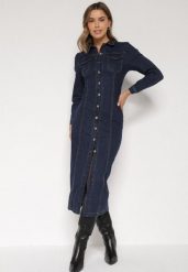 Granatowa Jeansowa Sukienka Koszulowa o Taliowanym Kroju Neveala. Niebieskie sukienki damskie Born2be, na co dzień, m, bez wzorów, z jeansu, klasyczne, bez kołnierzyka, bez ramiączek, midi, koszulowe. Za 189.99 zł.