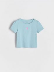 Prążkowany t-shirt z haftem - jasnozielony. Zielone koszulki dziewczęce Reserved, m, bez wzorów, z bawełny, bez ramiączek. W wyprzedaży za 17.99 zł.