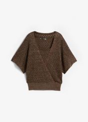 Sweter ażurowy z połyskiem. Brązowe swetry klasyczne damskie bonprix, bez kołnierzyka. Za 117.99 zł.