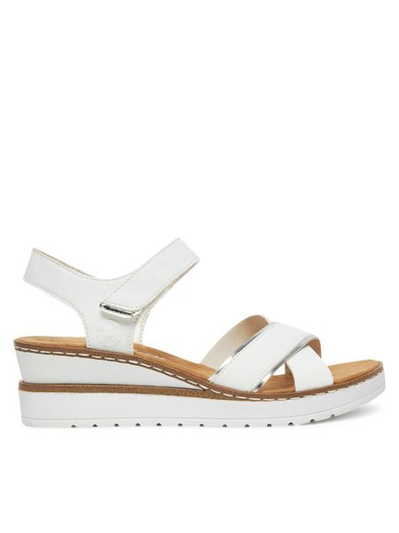 Rieker Sandały V38G9-80 Biały. Białe sandały damskie Rieker, bez wzorów, z syntetyku, bez obcasa, na koturnie. Za 289.99 zł.
