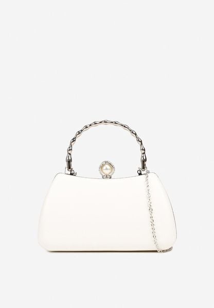 Biała Torebka Typu Kopertówka z Ozdobną Rączką Fesiria. Białe torebki wieczorowe Born2be, bez wzorów, eleganckie, bez kołnierzyka, bez ramiączek. Za 99.99 zł.