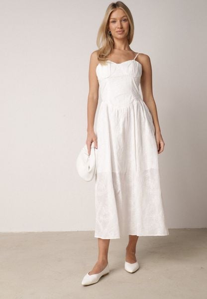 Biała Bawełniana Sukienka o Rozkloszowanym Kroju na Ramiączka z Haftem Rhethiphe. Białe sukienki damskie Born2be, na co dzień, na lato, m, bez wzorów, z bawełny, eleganckie, bez kołnierzyka, bez ramiączek, maxi, gorsetowe. Za 169.99 zł.