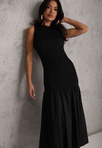 Czarna Sukienka Drop Waist Bez Rękawów Zdobiona Marszczeniem Natinelle. Czarne sukienki damskie Renee, na co dzień, m, z aplikacjami, eleganckie, bez kołnierzyka, bez ramiączek, maxi, kopertowe. Za 129.99 zł.