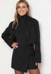Czarne Spódnico-Spodenki Ozdobione Cyrkoniami z Zakładką i Imitacją Kieszeni Vaiani. Czarne szorty damskie Born2be, bez wzorów, eleganckie. Za 119.99 zł.