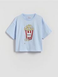 Bawełniany t-shirt z nadrukiem - jasnoniebieski. Niebieskie koszulki dziewczęce Reserved, bez wzorów, z bawełny, bez ramiączek. W wyprzedaży za 25.99 zł.