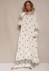 Biało-Zielona Rozkloszowana Sukienka Ozdobiona Haftem i Wzorem Boho Ronavere. Białe sukienki damskie Renee, na co dzień, na lato, l, bez wzorów, boho, bez kołnierzyka, bez ramiączek, maxi, kopertowe. W wyprzedaży za 167.99 zł.