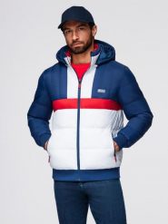 Kolorowa sportowa męska kurtka w stylu retro – niebiesko-biała V1 - Rozmiar: S. Niebieskie kurtki treningowe męskie Ombre Clothing, m, z aplikacjami, z materiału. W wyprzedaży za 179.99 zł.