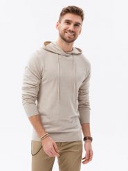 Męska bluza dzianinowa z kapturem - beżowa V5 B1532 - XXL. Brązowe bluzy z kapturem męskie Ombre Clothing, m, z bawełny. W wyprzedaży za 39.99 zł.