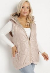 Jasnobeżowa Kamizelka Pikowana z Kapturem i Ściągaczami Kolavira. Brązowe kamizelki damskie Born2be, plus size, z jeansu. Za 159.99 zł.