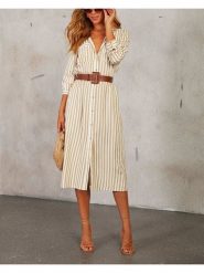 Milan Kiss Sukienka w kolorze beżowo-białym rozmiar: M. Brązowe sukienki damskie Milan Kiss, na co dzień, m, bez wzorów, z tkaniny, bez kołnierzyka, bez ramiączek, midi, proste. Za 197.45 zł.