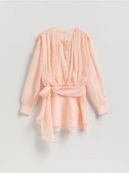 Sukienka mini - brzoskwiniowy. Pomarańczowe sukienki damskie Reserved, l, bez wzorów, z lyocellu, klasyczne, bez kołnierzyka, bez ramiączek, mini. Za 179.99 zł.