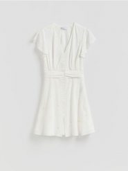 Sukienka mini w kwiaty - złamana biel. Sukienki damskie Reserved, l, bez wzorów, z bawełny, bez kołnierzyka, bez ramiączek, mini, rozkloszowane. Za 139.99 zł.