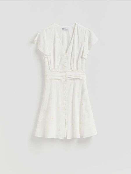 Sukienka mini w kwiaty - złamana biel. Sukienki damskie Reserved, l, bez wzorów, z bawełny, bez kołnierzyka, bez ramiączek, mini, rozkloszowane. Za 139.99 zł.