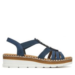 Sandały Rieker. Niebieskie sandały damskie Rieker, bez wzorów, bez obcasa, na koturnie. Za 299.99 zł.