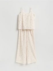 Dwuczęściowa piżama z lnem - kremowy. Białe piżamy damskie Reserved, l, bez wzorów, z bawełny, bez ramiączek. Za 149.99 zł.