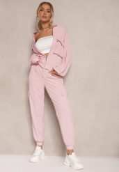 Różowy Komplet Dresowy Cargo Spodnie i Bluza Zdobiona Imitacją Kieszeni Nolhira. Czerwone bluzy bez kaptura damskie Renee, l, z dresówki. Za 129.99 zł.
