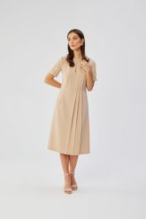 Beżowa Midi Sukienka z Ozdobnymi Zakładkami. Brązowe sukienki damskie MOE, l, bez wzorów, z elastanu, bez kołnierzyka, bez ramiączek, midi, rozkloszowane. Za 326.90 zł.