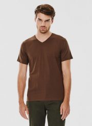 PAKO LORENTE – Brązowy gładki t-shirt v-neck. Brązowe t-shirty męskie Pako Lorente, s, bez wzorów, z bawełny, bez kołnierzyka. Za 39.99 zł.