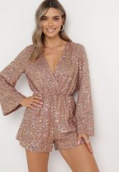 Różowy Cekinowy Kombinezon z Kopertowym Dekoltem i Gumką w Pasie Akonsa. Czerwone kombinezony damskie Born2be, m, bez wzorów, bez kołnierzyka, bez ramiączek. Za 99.99 zł.