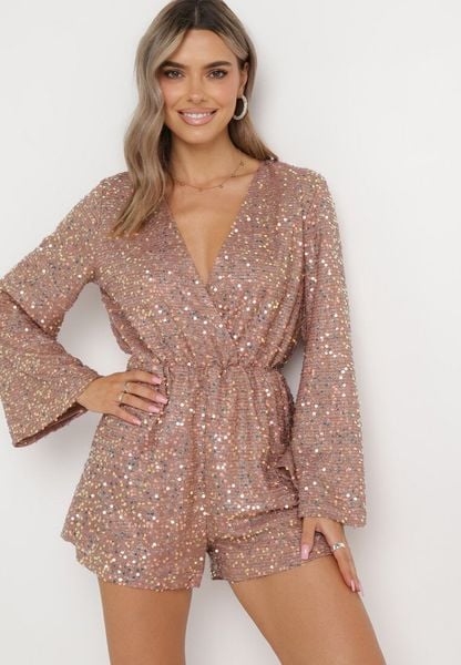 Różowy Cekinowy Kombinezon z Kopertowym Dekoltem i Gumką w Pasie Akonsa. Czerwone kombinezony damskie Born2be, m, bez wzorów, bez kołnierzyka, bez ramiączek. Za 99.99 zł.