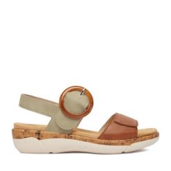 Sandały Remonte. Zielone sandały damskie Remonte, bez wzorów, bez obcasa, na płaskiej podeszwie. Za 349.99 zł.