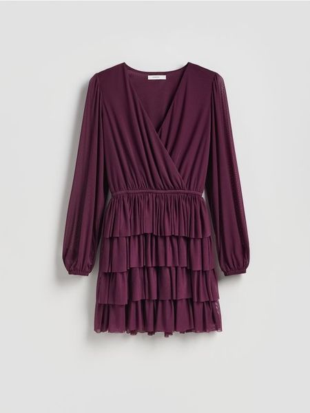 Sukienka mini - ciemnofioletowy. Fioletowe sukienki damskie Reserved, l, bez wzorów, z dzianiny, bez kołnierzyka, bez ramiączek, mini, rozkloszowane. W wyprzedaży za 109.99 zł.