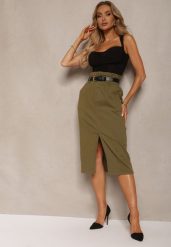 Zielona Bawełniana Spódnica High Waist z Rozcięciem Paskiem i Gumką w Talii Crisbella. Zielone spódniczki damskie Renee, l, bez wzorów, z bawełny, eleganckie, z podwyższonym stanem, midi, proste. Za 79.99 zł.