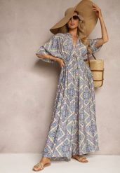 Niebieski Boho Kombinezon z Wiązaniem na Plecach z Gumką w Pasie i Długimi Nogawkami Sopolia. Niebieskie kombinezony damskie Renee, bez wzorów, boho, bez kołnierzyka, bez ramiączek, długie. Za 69.99 zł.