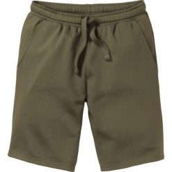 Szorty dresowe bonprix ciemnooliwkowy. Zielone szorty męskie bonprix, z dresówki, bez kołnierzyka. Za 44.99 zł.