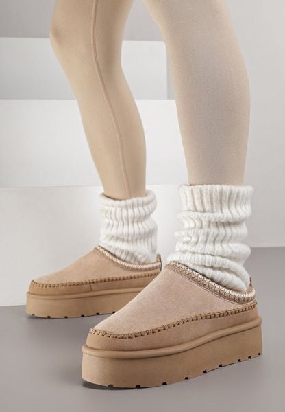 Ciemnobeżowe Śniegowce Ocieplone na Platformie z Ozdobnym Wyszywaniem Reitenna. Brązowe śniegowce damskie Born2be, z jeansu. Za 69.99 zł.