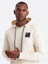 Bluza męska kangurka z kapturem i logotypem – kremowa V2 OM-SSNZ-0162 - XXL. Białe bluzy z kapturem męskie Ombre Clothing, l, z bawełny. W wyprzedaży za 99.99 zł.
